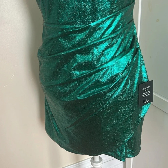 Lulus Always Envied Green Metallic Gathered Mini Dress - Size L - Picture 3 of 15